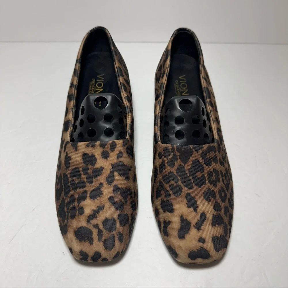 Vionic Shoes Powell Leopard Animal Print Demi Wedge Square Slip On Tan Size 7.5